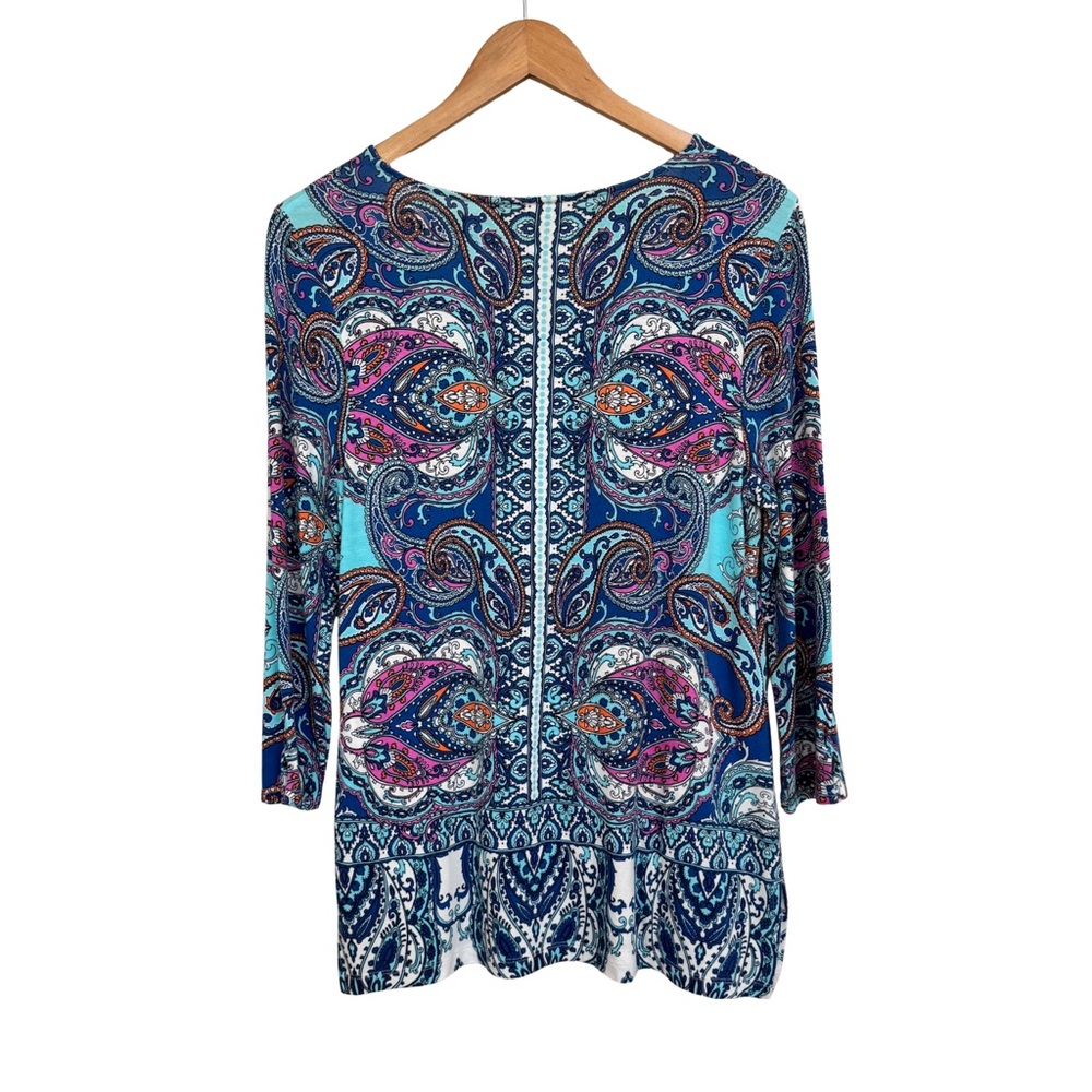 Chico’s Paisley Blouse Blue Purple Top 3/4 Sleeve V-Neck Women’s Size 0 Small - Picture 2 of 3